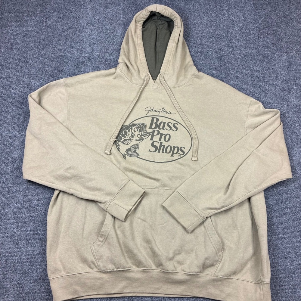 Bass Pro Shops Johnny Morris Graphic Hoodie Tan Mens Size 2XL XXL Long Sleeve